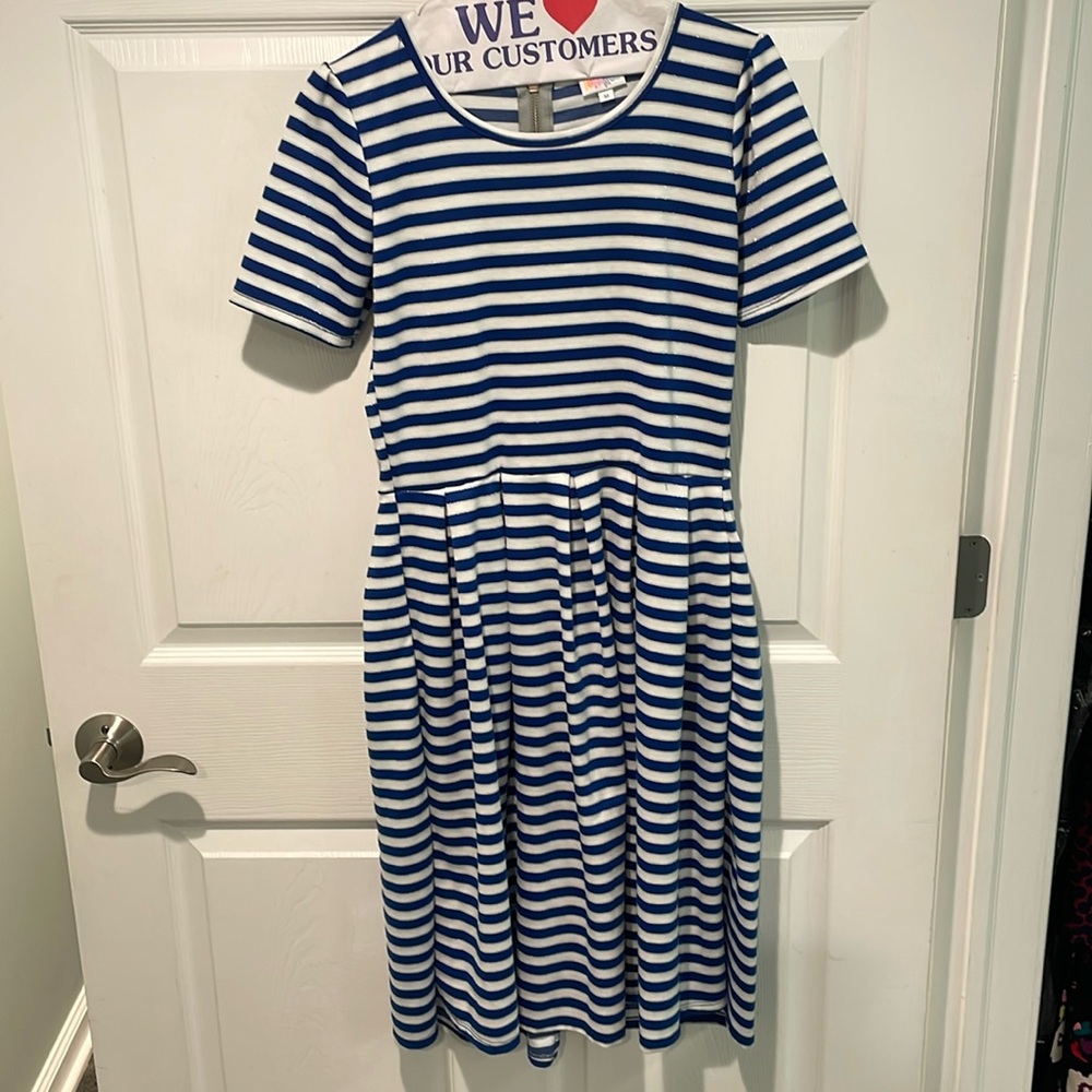 LulaRoe medium blue and silver striped dress